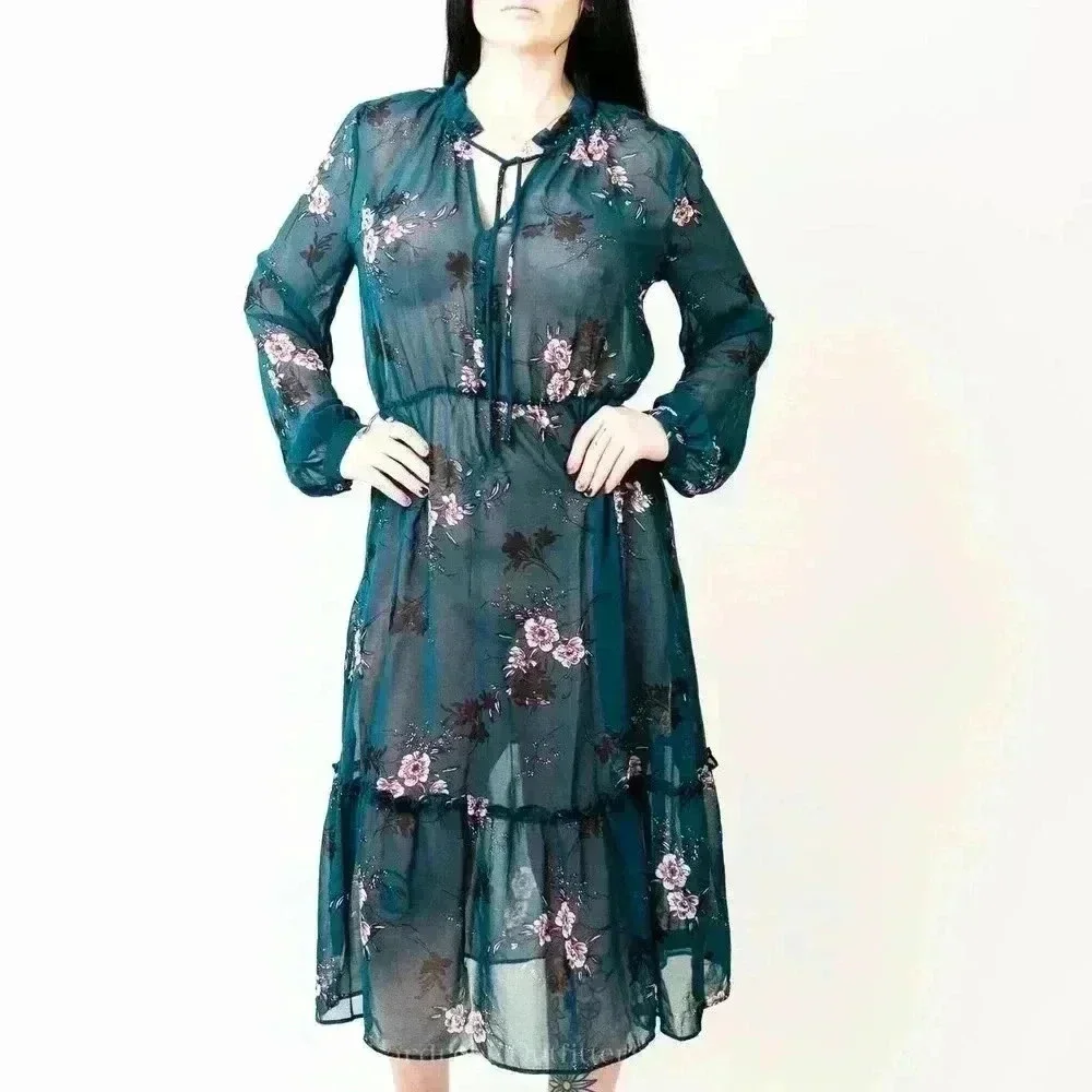 Lulus Newell Teal Green Sheer Floral Print Midi Dress - L - Picture 4 of 8